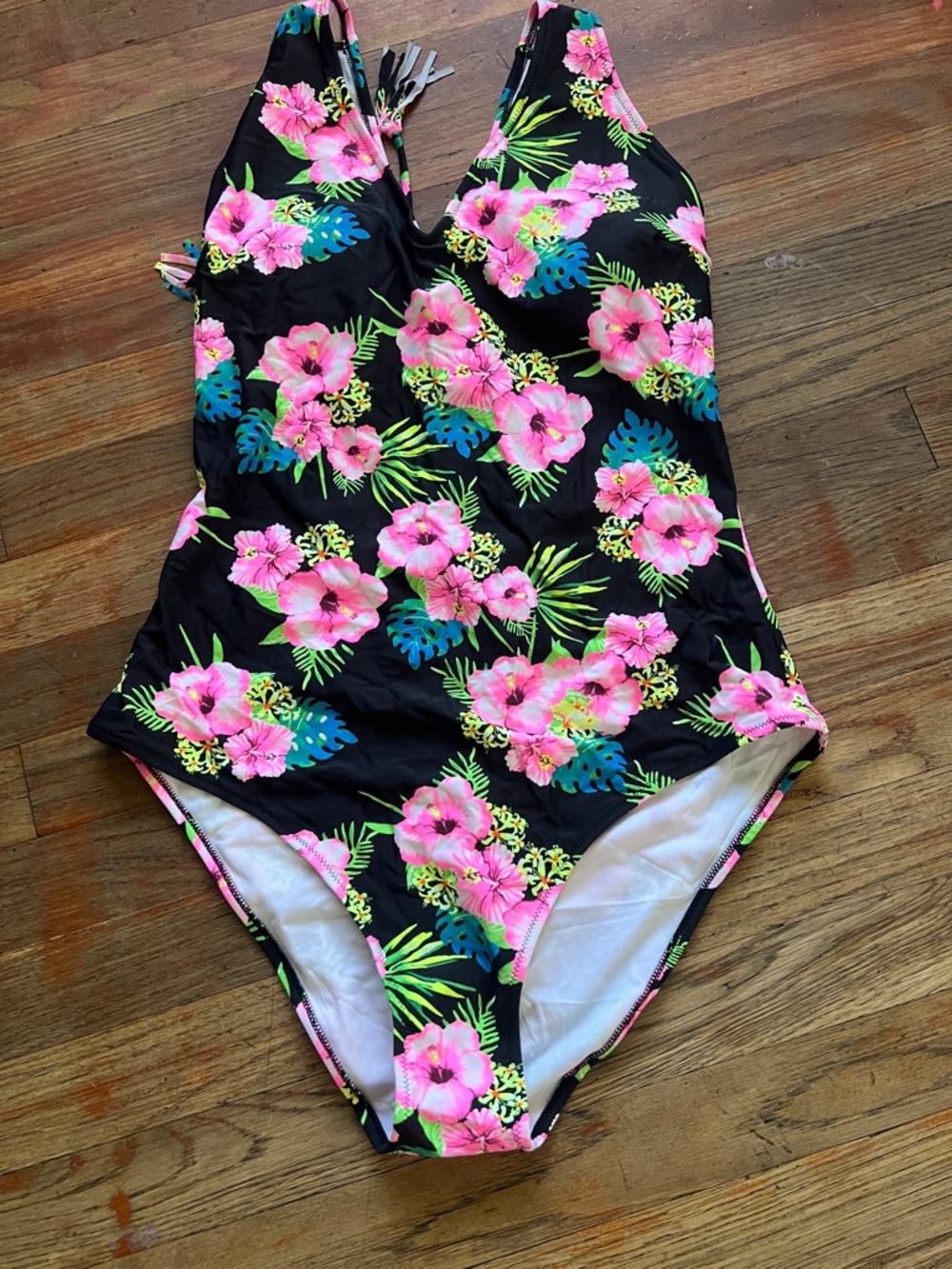 Girls' Black Floral One-Piece Swimsuit with Pink Hibiscus